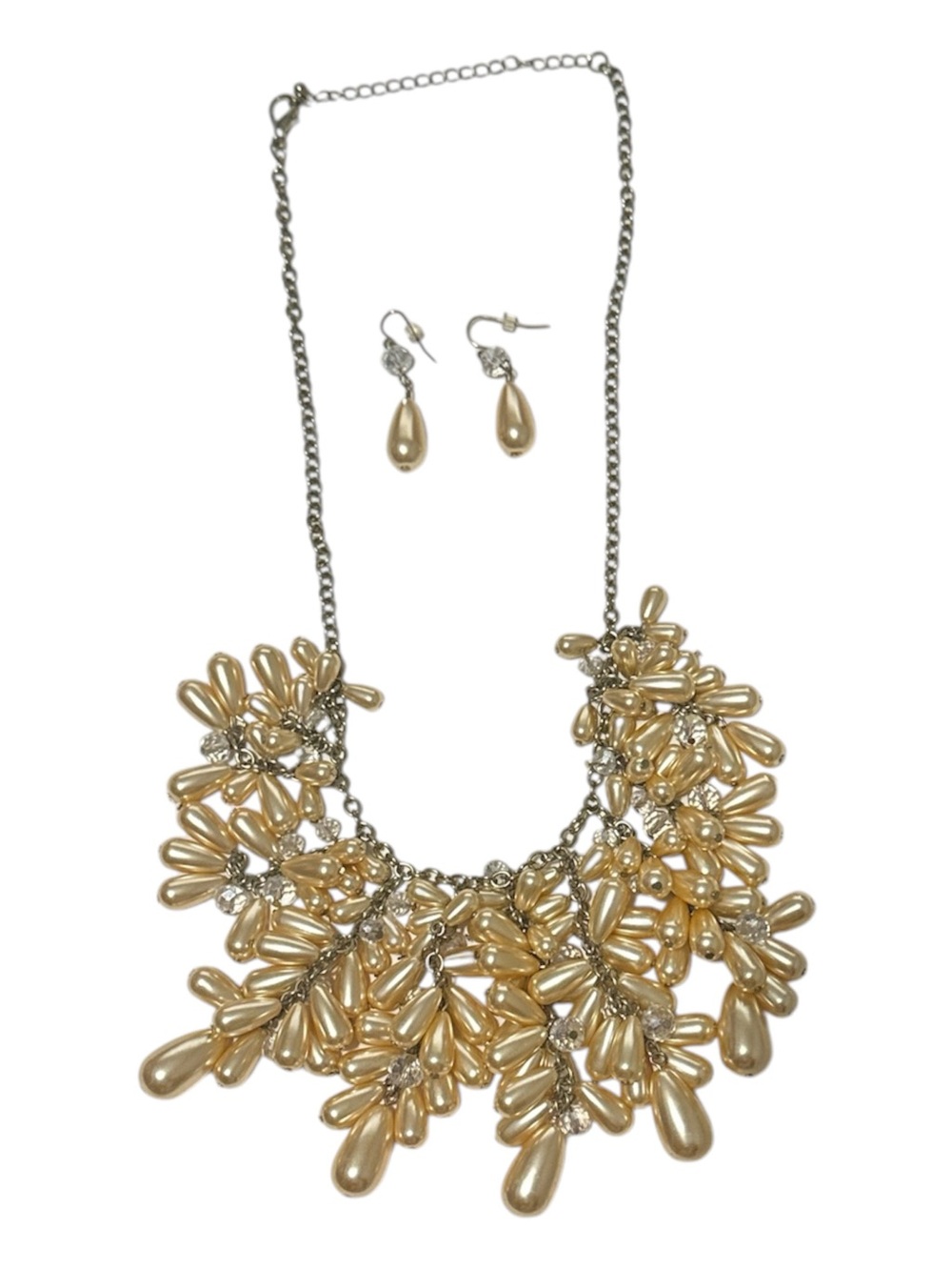 Faux Pearl Teardrop Cluster Statement Necklace and Earring Set